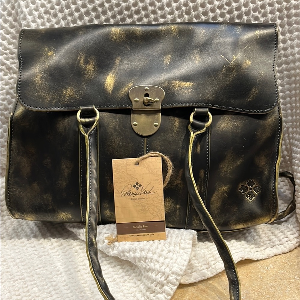 Patricia Nash Black with Gold Accents Leather Satchel